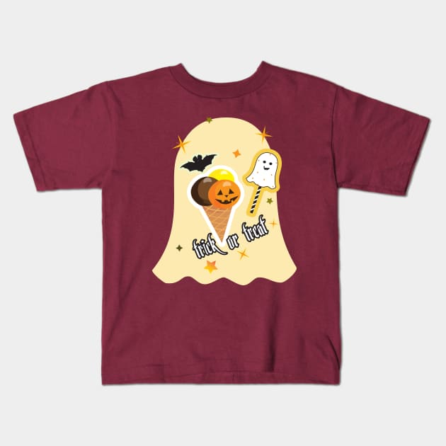 Pumpkin Ice Cream with Waffle Cone and Cute ghost Halloween Holiday cartoon characters sticker Kids T-Shirt by sofiartmedia